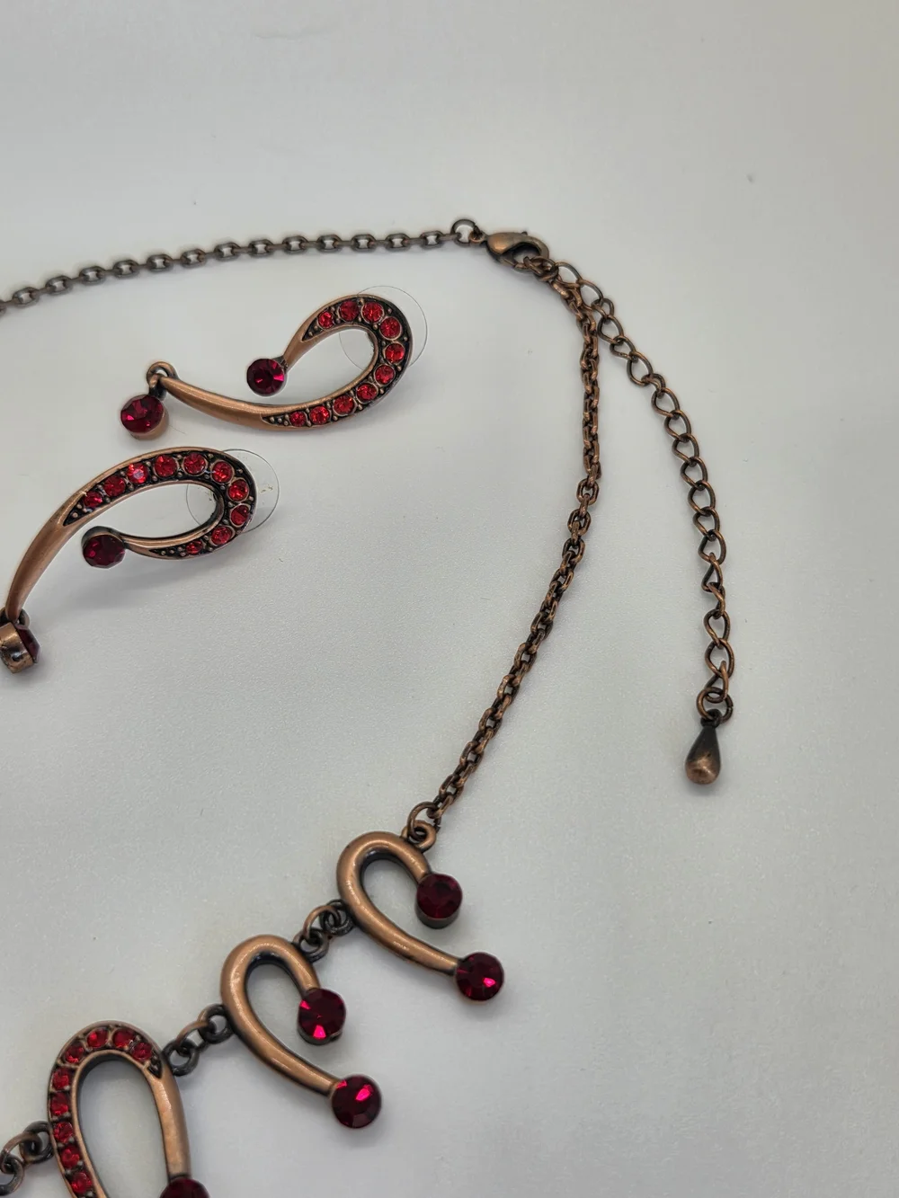 Red Crystal Crescent Drop Necklace and Earring Set, Copper Tone